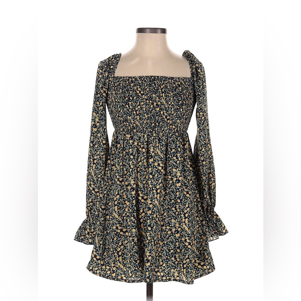 Missguided Floral Long Sleeve Dress - Navy and Orange